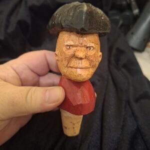 Vintage Hand Carved Wooden Bottle Stopper Figural Man Cork ANRi? Rare